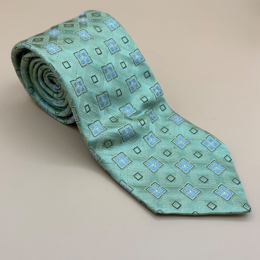 Hart Schaffner Marx Mens Silk Tie Green Blue Geometric Pattern USA Made‎